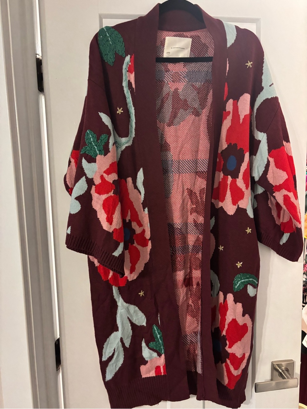 Anthropologie Floral Embroidered Duster- Burgundy